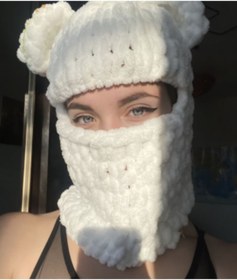 Resim BurDen Dekoratif Ürünler & Tasarım Şık Beyaz Puffy Kar Maskesi, Yumuşacık, Bere ve Boyunluk Tasarım, Şapka, Kış, Bere,Balaclava 