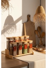 Resim Snippy Lunver - 8'li Ahşap Standlı Vakumlu Etiketli Akrilik Saklama Kabı Baharatlık Seti 350 Ml Ahşap 