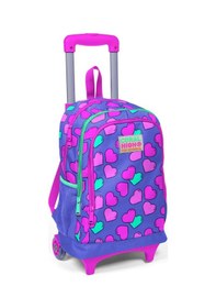 Resim Coral High Kids Lavanta Pembe Kalp Desenli Işıklı Tekerlekli Üç Bölmeli Çekçekli Sırt Çantası 23359 