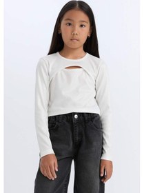 Resim DeFacto Kız Çocuk Slim Fit Dar Kesim Bisiklet Yaka Parlak Kumaş Fitilli Kaşkorse Uzun Kollu Tişört D5419A824WNER118 Ekru 