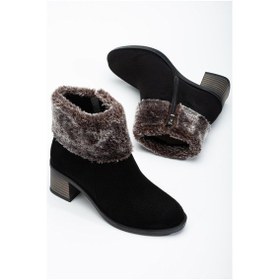 Resim Kadın Topuklu Bot Siyah Süet Kürklü Fermuarlı Oval Burun-3288 Siyah 