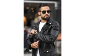 Resim Prifaldi Erkek Biker Kemerli Deri Ceket Siyah 
