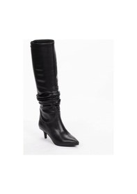 Resim Vegan 6.5 Cm Kısa Rahat Topuklu Sivri Burunlu Körüklü Uzun Kadın Çizme Siyah 