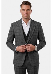 Resim Deepsea Erkek Antrasit Slim Fit Ekose 3 Lü Takım Elbise Siyah Yelekli Kare Desenli Takım 2601589 