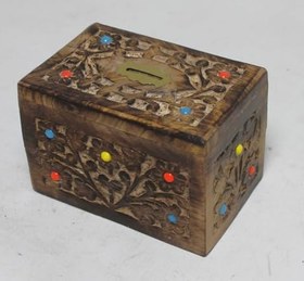 Resim Ahşap Oymalı Boncuklu Kilitli Kumbara 14x10x10 cm. 