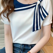 Resim Mavi ve Siyah Çizgili Kısa Kollu, Ruffle Yaka Detayı, Kadınlar İçin Polyester Üst, Rahat Yaz Bluzu, Şık Kısa Kollu Üst | Ruffle Yaka Gömlek | Renk Bloğu Tasarım 