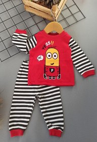 Resim Kırmızı Çizgili Hi Yazılı% 100 Pamuk Bebek Ve Çocuk Pijama Takımı 