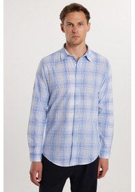 Resim Tudors Erkek Slim Fit Dar Kesim %100 Pamuk Keten Doku Kareli Gömlek-33082 Çok Renkli 