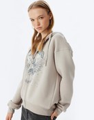 Resim Şardonlu Oversize Fermuarlı Sweatshirt Kapüşonlu Cep Detaylı Baskılı 