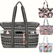 Resim 1 adet Kadın Büyük Plaj Tote Çantası Fermuarlı - Şık Siyah ve Beyaz Geometrik Desen, Spor Salonu, Seyahat ve Tatil Gereksinimleri için Çoklu Bölümler, Dayanıklı Polyester Malzeme, Plaj Çantası Aksesuarları 