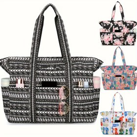 Resim 1 adet Kadın Büyük Plaj Tote Çantası Fermuarlı - Şık Siyah ve Beyaz Geometrik Desen, Spor Salonu, Seyahat ve Tatil Gereksinimleri için Çoklu Bölümler, Dayanıklı Polyester Malzeme, Plaj Çantası Aksesuarları 