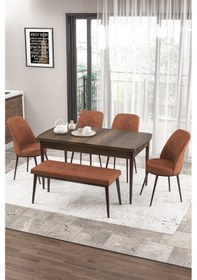 Resim Canisa Zen Serisi 80x132 Mdf Açılabilir Barok Ahşap Desen Masa Takımı 4 Kiremit Sandalye Ve 1 Bench Masa Barok Sandalye Ve Bench Kiremit 