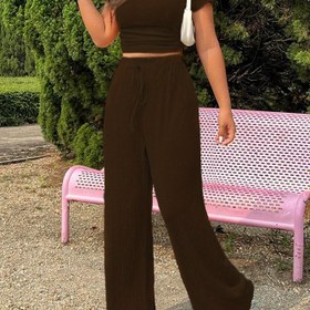Resim Tek Renk Yuvarlak Yaka Kısa Kollu Uzun Pantolonlu Günlük İki Parçalı Takım 