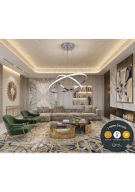 Resim Luxury Krom 2'li İç İçe Geçmeli Halka Led Sarkıt Avize - 3 Renk Işıklı Modern Salon Mutfak Avizesi 