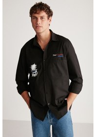 Resim Mılton Erkek Regular Fit Standart Kesim %100 Pamuk Kalın Dokulu Baskı Ve Yazı Nakışlı Siyah Gömlek 