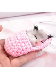 Resim Sevimli Uyuyan Kedi Ponpon Anahtarlıklar Kadın Kızlar El Yapımı Dokuma Terlik Taklit Kürk Yavru Anahtar Yüzükler Kabarık Çanta Araba Kolye Hediye 