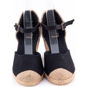 Resim Burnu Hasır Dolgu Topuk Siyah Bayan Keten Hasır Espadril Siyah 