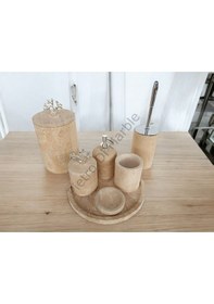 Resim Sarı Traverten Klasik Model 7 Parça Gümüş Renk Mercan Aksesuarlı Banyo Seti Sarı Traverten 