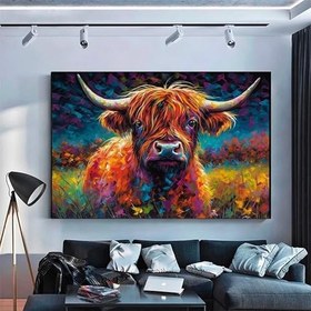 Resim Renkli Boyanmış İskoç Dağ İneği Sanatı, Ev Dekoru İçin Kanvas Baskı 