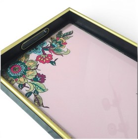 Resim Sudedi Home Pembe Zeminli Çiçek Desenli Altın Çerçeveli Melamin Sunum Tepsisi 31x46 Cm Pembe 