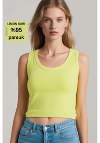 Resim Mrmpro Kadın Lacivert Fitilli Görünümlü Kalın Askılı Basic Atlet Body %95 Pamuk Limon Sarı 