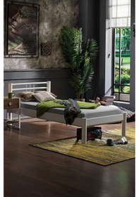 Resim Asos-s Tek Kişilik Ferforje Metal Karyola-beyaz Ahşap Latalı 