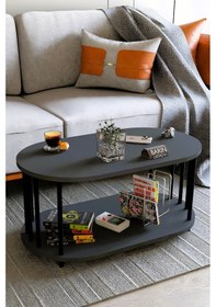 Resim Modern Oval Orta Sehpa Çift Katlı Metal Ayaklı Salon, Ofis, Dekoratif Sehpa, Kahve Sehpası Antrasit 