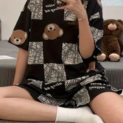 Resim Kadınlar için Karikatür Ayı & Damalı Baskılı Rahat Bol Kesim Pijama Takımı, Kısa Kollu Yuvarlak Yaka Üst & Şort, Rahat Rahat Kesim 