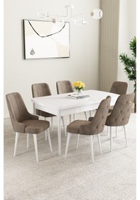 Resim Mabel Beyaz Desen 80x132 Mdf Açılabilir Mutfak Masası Takımı 6 Adet Sandalye Cappucino 