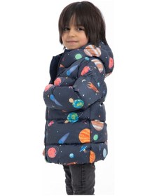 Resim Erkek Çocuk Polarlı Kapüşonlu Gezegen Yıldız Desenli Kışlık Şişme Mont & Kaban & Parka-29 Lacivert 