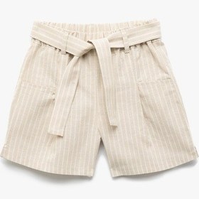 Resim Koton Keten Karışımlı Kemerli Çizgili Şort Ekru Çizgili 5skg40055aw Ekru Çizgili Ekru 
