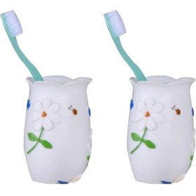 Resim 2 Adet Diş Fırçalık,macunluk Çiçekli Poliresin 7x7x10cm Banyo Seti Çok Renkli 