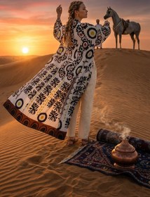 Resim Saten Etnik Desenli Nakışlı Uzun Kimono - Özel El İşlemesi Bohem Tasarım - 26613 - 40 