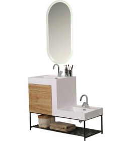 Resim Kobos Up-down 100 Cm Banyo Dolabı Seti Light Walnut Ahşap - Beyaz 