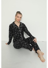 Resim Pijamoni Kadın Süet Boydan Düğmeli Pijama Takımı - 5660-16 