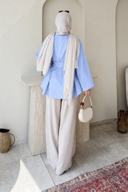 Resim Tesettür Diyarı Dekta Cotton Kumaş Broş Kemerli Tesettür Gömlek- Mavi Standart (38-42 Uyumlu) 