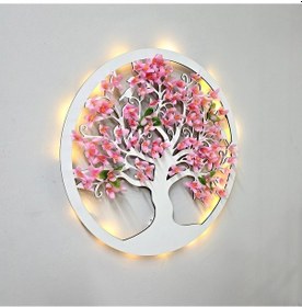 Resim Led Işıklı Ve Pembe Sakura Hayat Ağacı Tablo 40cm - Beyaz 