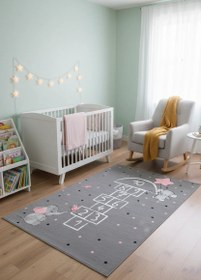 Resim Filler ve Seksek Gri Çocuk Oyun Halısı - 60x120cm 
