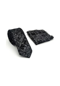 Resim Gaffy Beyaz Kırcıl Desenli Siyah Dokuma Kumaş Mendilli Slim Fit Kravat // Sdk-2610-1 Siyah 