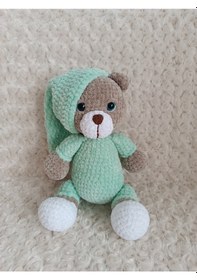 Resim El Yapımı Amigurumi Kadife İp Uykucu Ayı \ Oyuncak\ Hediyelik 30cm 