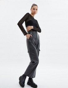 Resim Koton Deri Görünümlü Kargo Pantolon Soluk Efektli Normal Bel Düz Geniş Paça Cepli Antrasit 4wal40044ıw 4WAL40044IW927 Antrasit 