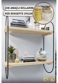 Resim Bino Kitaplık Duvar Rafı Ahşap Salon Banyo Mutfak Rafı Dekoratif 2 Katlı Mat Siyah Paslanmaz Çelik 