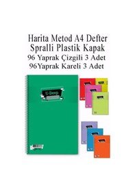 Resim A4 Okul Defteri Spiralli Plastik Kapak 96 Yaprak Çizgili 3 Adet Ve 96 Yaprak Kareli 3 Adet Spralli Harita Metod 