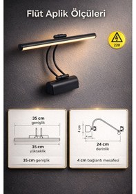 Resim Merwish Flüt Led Aplik 35 Cm Duvar Aydınlatma 4000k Doğal Beyaz Işık Kablo Bağlantılı 220v Modern Tasarım Siyah 