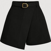 Resim Kadınlar İçin Şık Fransız Tarzı Siyah Esnek Kısa Pantolon - Altın Tonlu Tokalı, Fermuarlı Kapatma, Yapılı Bel ve Makinede Yıkanabilir İlkbahar Yaz Sonbahar Günlük Giyim 