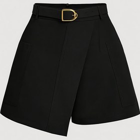 Resim Kadınlar İçin Şık Fransız Tarzı Siyah Esnek Kısa Pantolon - Altın Tonlu Tokalı, Fermuarlı Kapatma, Yapılı Bel ve Makinede Yıkanabilir İlkbahar Yaz Sonbahar Günlük Giyim 