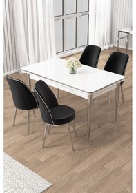 Resim Canisa Rewa Serisi 70x110 Sabit Beyaz Krom Detay Masa Takımı Ve 4 Siyah Sandalye Masa Beyaz Sandalye Siyah Krom Ayak 