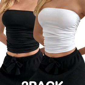 Resim Kadınların 2 parçalı askısız crop üstleri - Siyah ve beyaz omuz üstü tank üstleri, ruched detaylı, polyester karışımı, yazlık temel, yazlık crop üst|Ruched Texture Top|Stretchy Fabric 