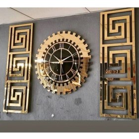 Resim EYKA STORE Dekoratif 3 Lü Set Pleksi Gold Aynalı 3d Kabartmalı Duvar Saati Ve Dekoru. Saat 40 cm, 20x50 cm Tablo. Sessiz saat 