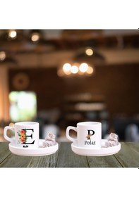 Resim Kişiye Özel 2 Li Harfli Türk Kahve Fincanı Ve Altı Beyaz 